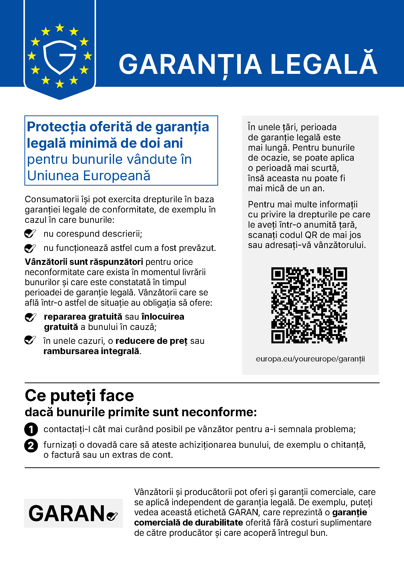 Notificare armonizată UE privind garanția legală de conformitate de minimum 2 ani